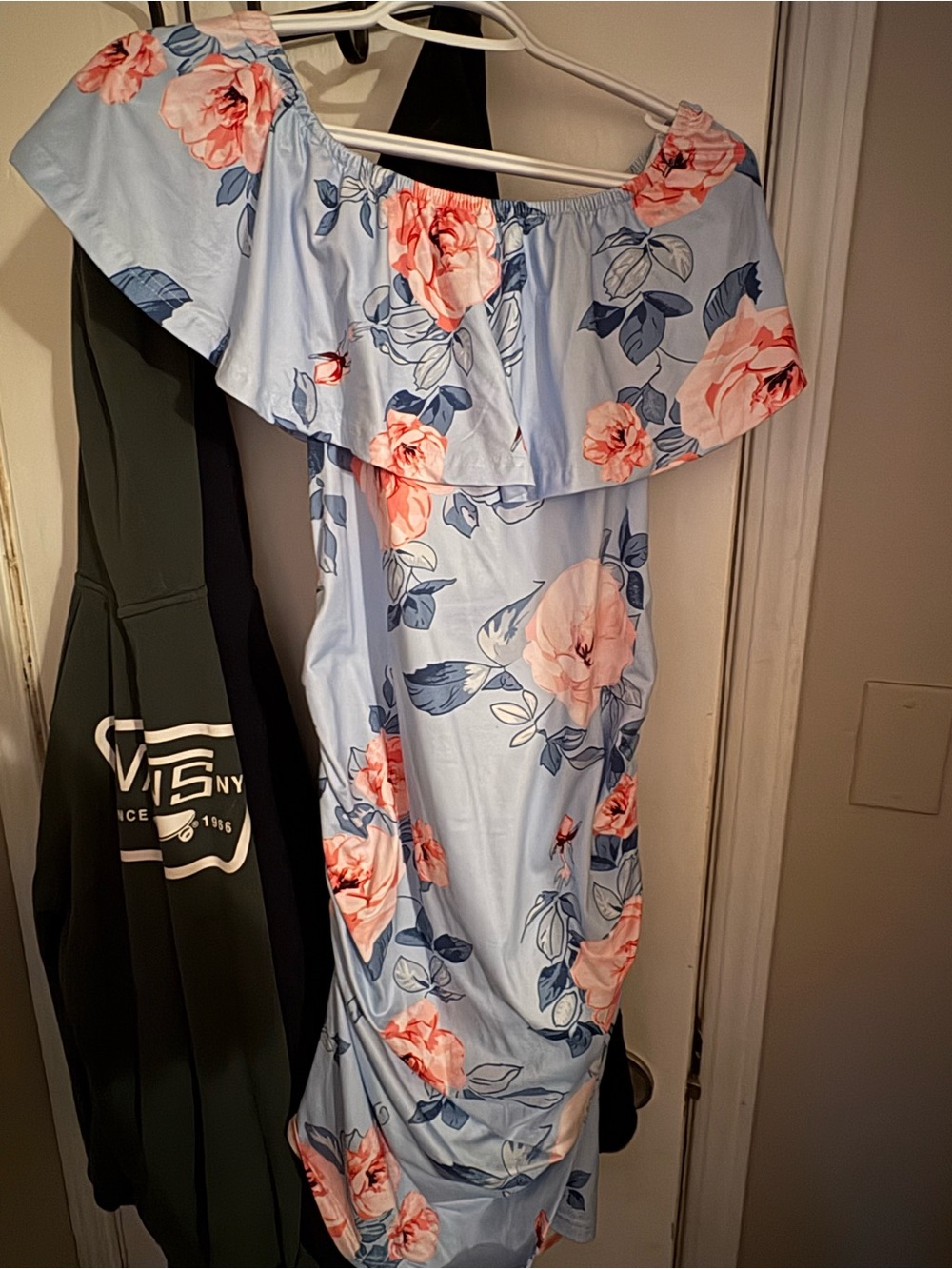 Light Blue Off-Shoulder Maternity Floral Ruffle Dress
